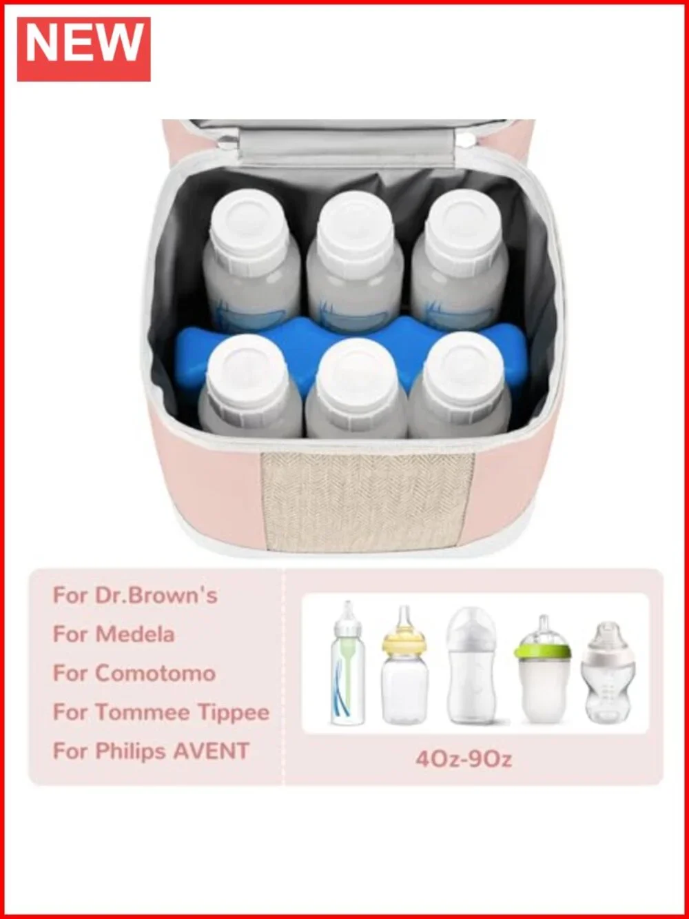 Insulated Breast Milk Cooler Travel Bag Fits 6 Bottles with Ice Pack
